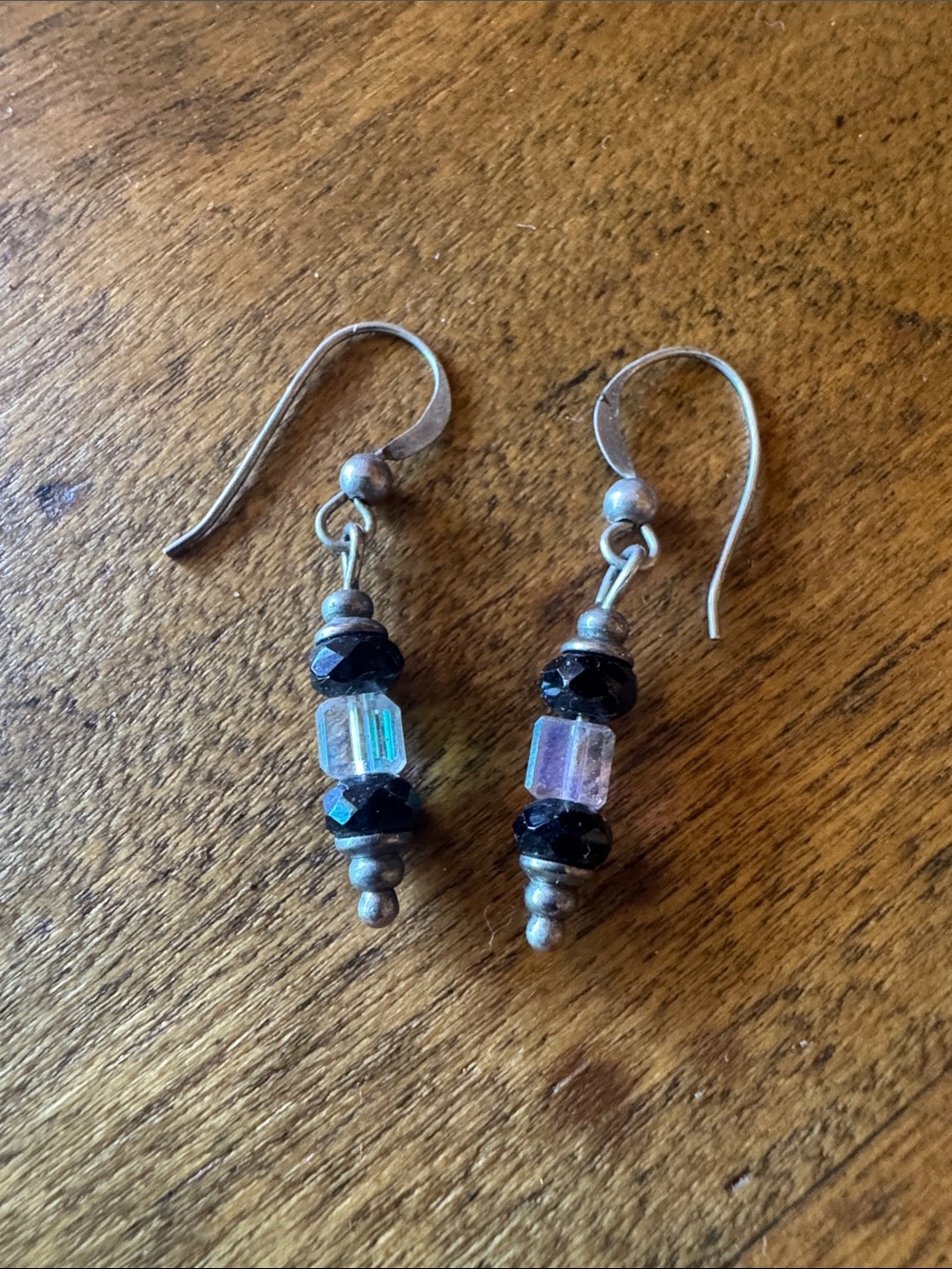 1.5” Vintage Sterling Silver Drop Earrings with Black and Iridescent Beads